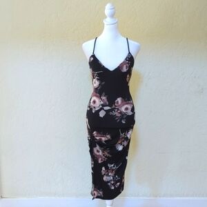 3/$20🌟 Glare Black Floral Cross Back Spaghetti Strap Bodycon Midi Dress Medium